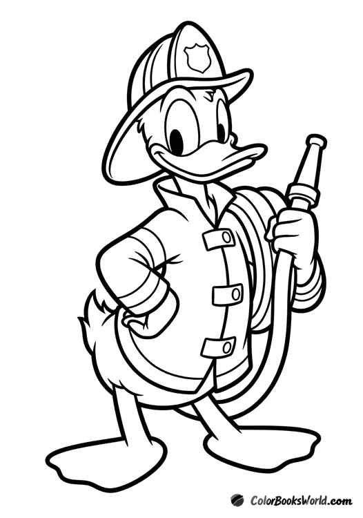 Donald Duck wearing a firefighter jacket and helmet, holding a coiled fire hose.