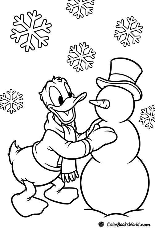 Donald Duck wearing a scarf builds a snowman with a top hat as snow falls.