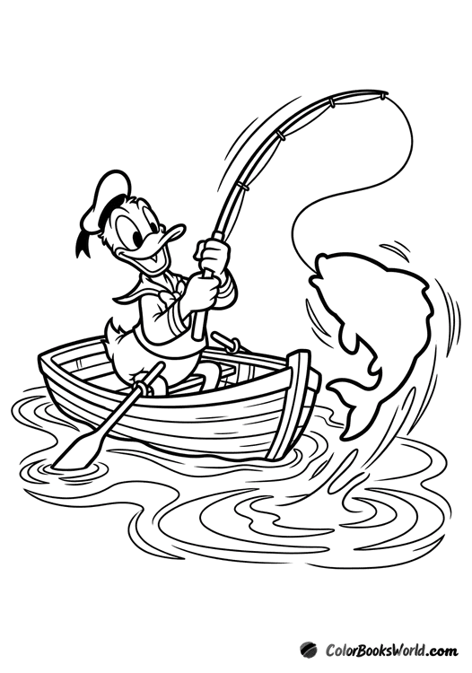 Donald Duck sits in a rowboat, reeling in a large fish with his fishing rod.