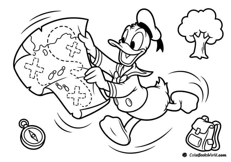 Donald Duck runs holding a large treasure map with dashed trails and X marks, with a backpack and compass nearby.