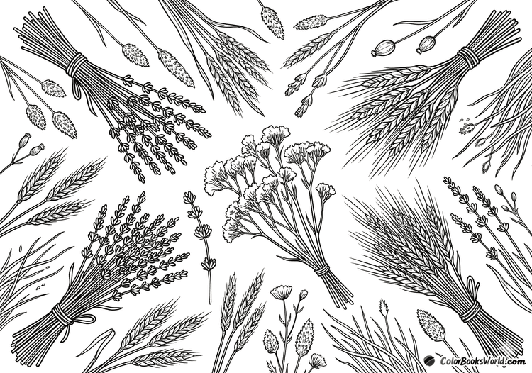 Line art of dried flower bundles with lavender, statice, and wheat stalks arranged together.