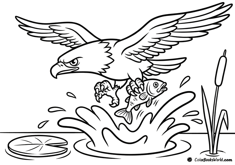 A cartoon eagle swoops down and catches a fish from the water with a big splash.