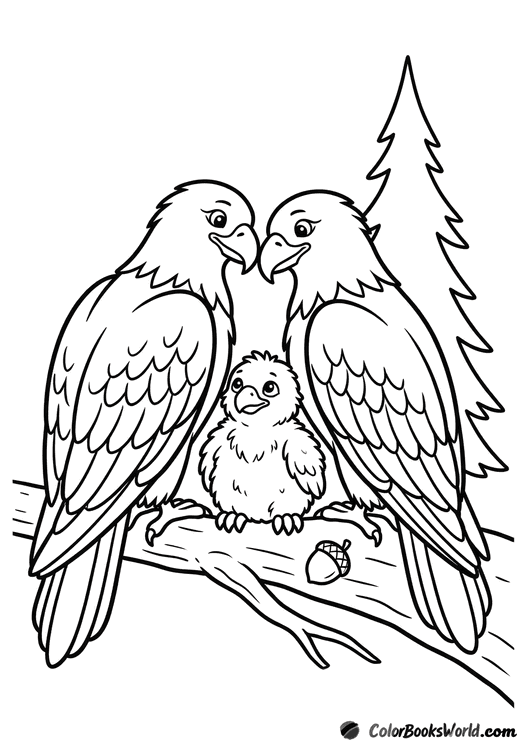 Two adult eagles stand protectively beside a fluffy chick on a tree branch.