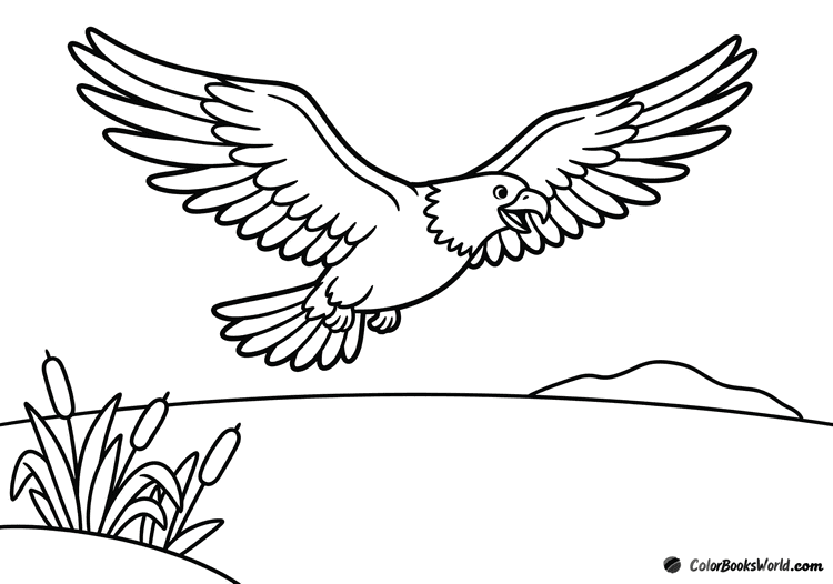A cartoon eagle glides with wings spread over a calm lake with reeds and a distant island.
