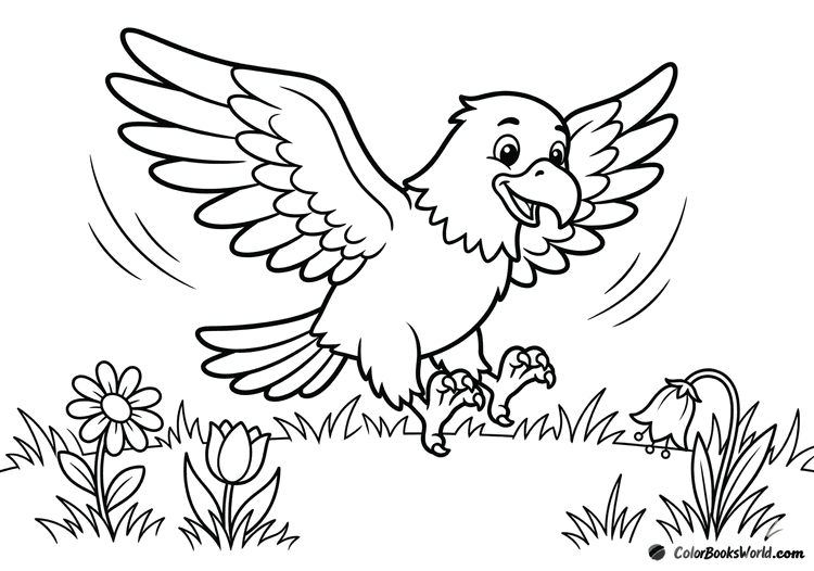 A cheerful cartoon eagle lands on a grassy meadow with three simple flowers and motion lines.