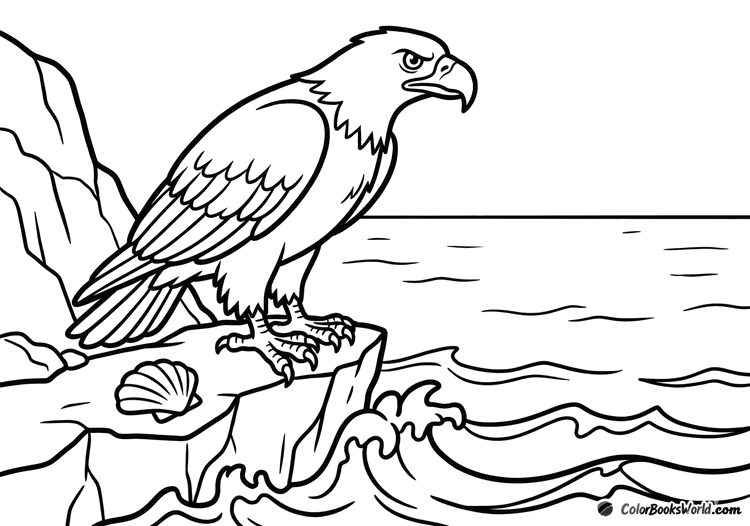 A cartoon eagle perches on a jagged coastal rock above waves, with a seashell nearby.