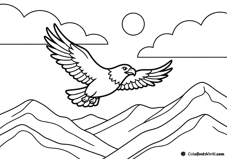 A cartoon eagle soars above layered mountain ridges with simple clouds and a sun outline.