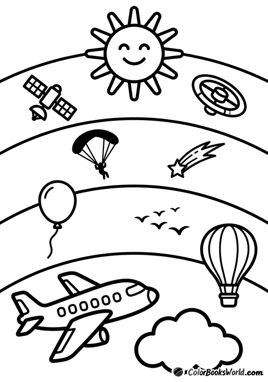 Atmosphere layers with a passenger plane, hot-air balloon, birds, a shooting star, and a satellite under a smiling sun.