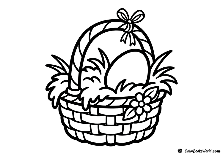 Simple Easter basket with one large egg in stylized moss, a ribbon on the handle, and a small flower.