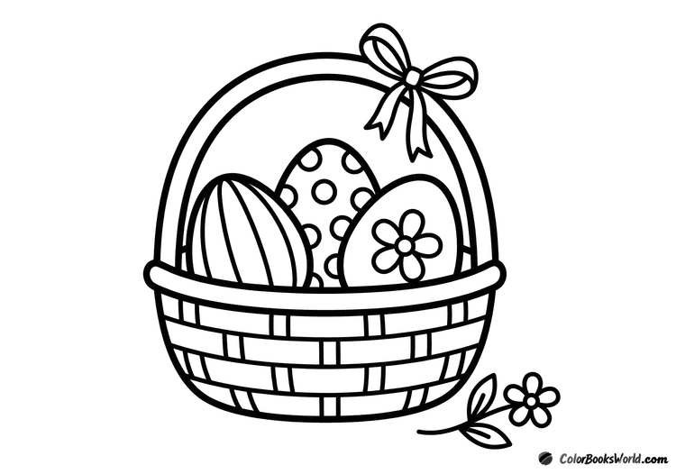 Woven Easter basket holding three decorated eggs, with a bow on the handle and a small flower beside it.