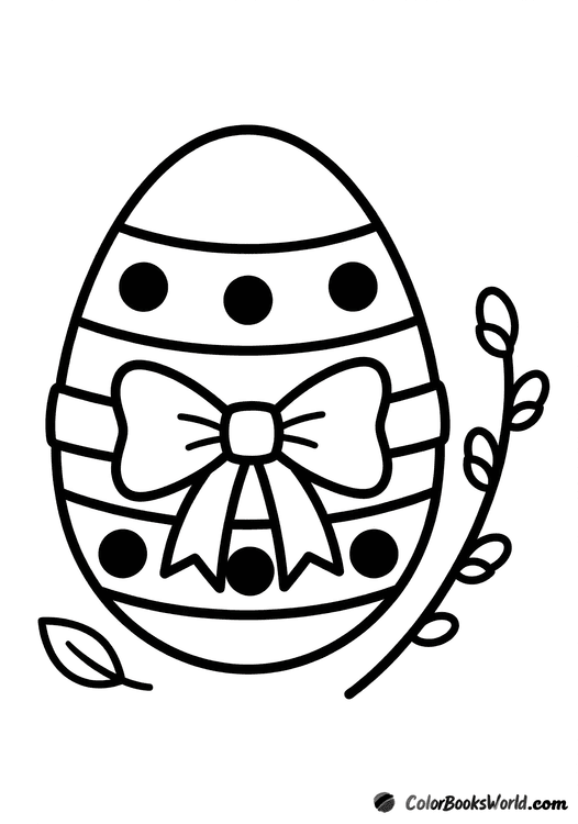 A decorated Easter egg with a ribbon bow beside a pussy willow sprig and a leaf.