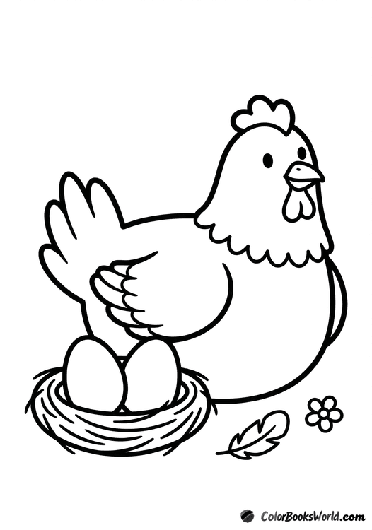 A simple cartoon hen sits beside a small nest with two eggs, with a feather and tiny flower nearby.