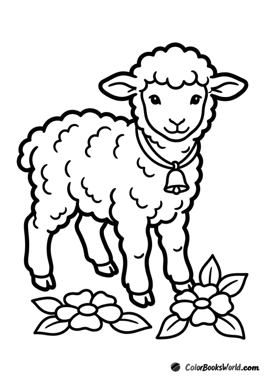 A fluffy Easter lamb facing forward, wearing a small bell on a ribbon, with two flowers by its hooves.