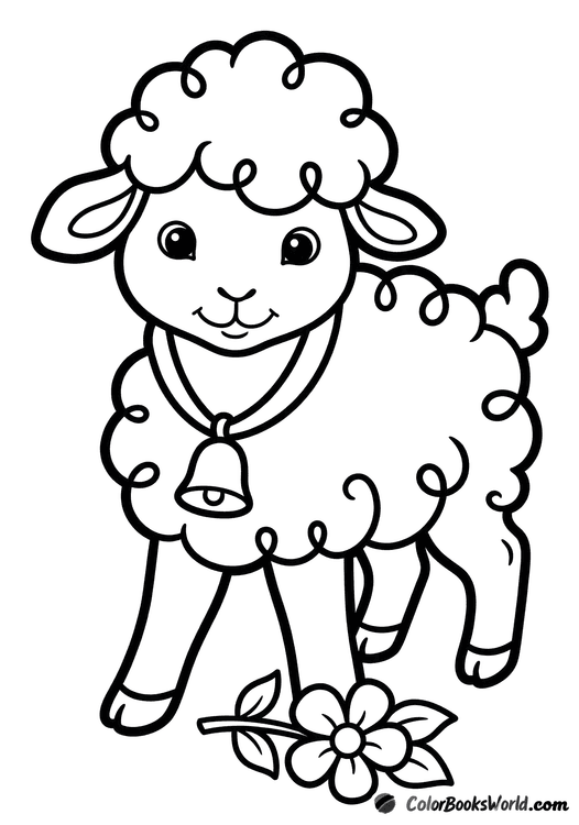 Cartoon Easter lamb with curly fleece, a bell on a ribbon, and a small flower beside it.