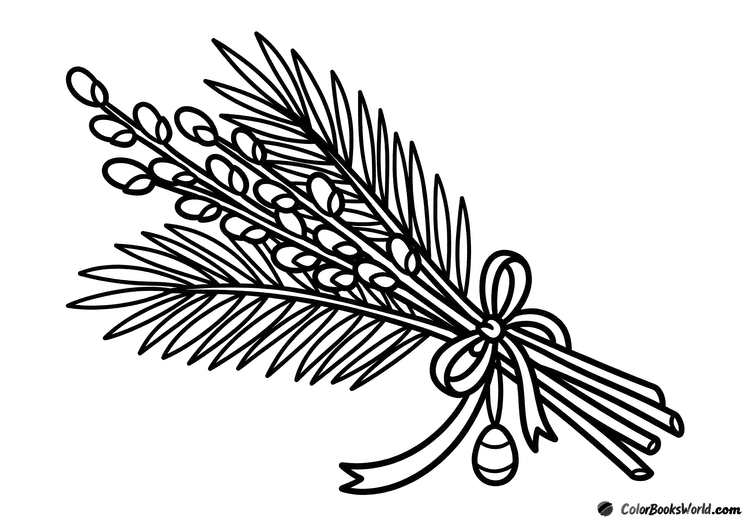 A bundle of pussy willow sprigs tied with a ribbon bow, with a small decorative egg hanging.