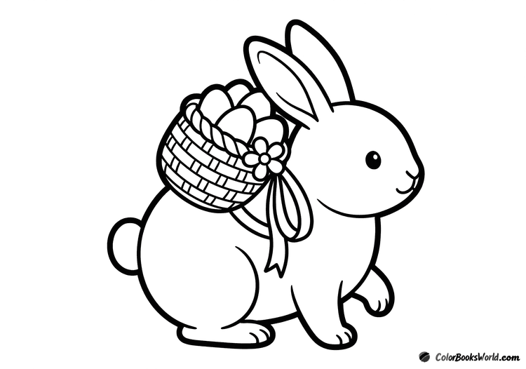 Side-view Easter bunny walking with a backpack basket filled with decorated eggs.