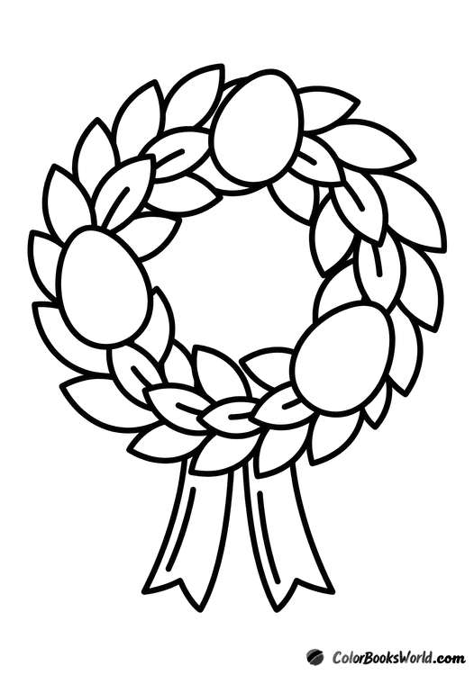 A circular Easter wreath of leaves with three eggs in the center and two ribbon tails below.