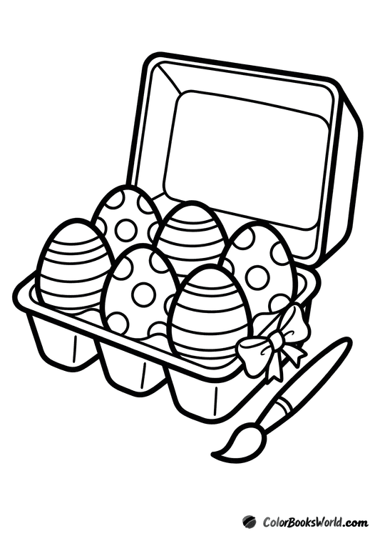Open egg carton with six decorated Easter eggs, a paintbrush, and a small bow.