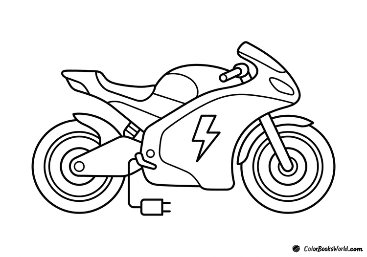 A sleek futuristic electric motorcycle with a lightning bolt symbol and a charging plug nearby.