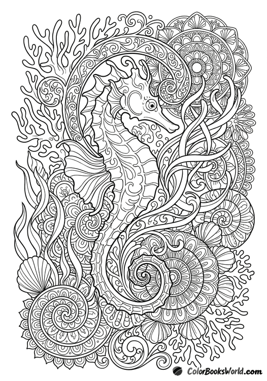An elegant seahorse curled among coral, seaweed, and shell-shaped mandala patterns.
