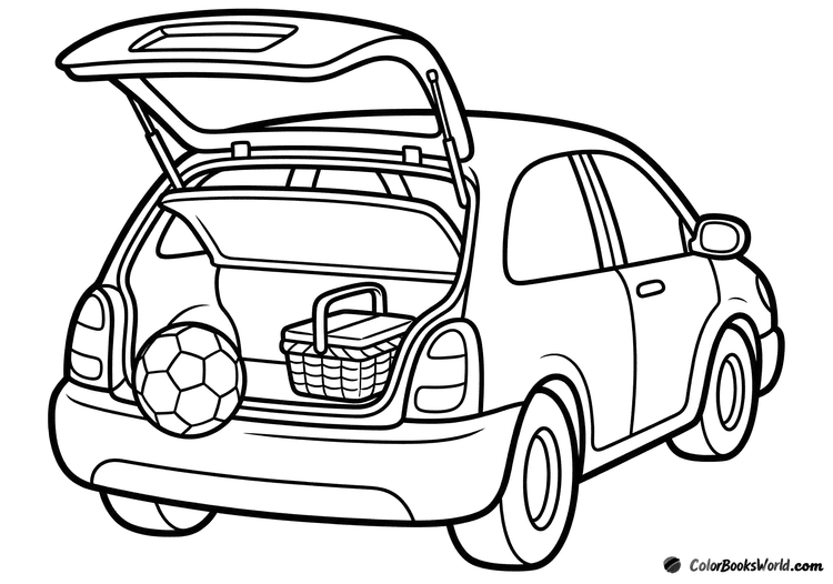 Family hatchback with an open trunk, showing a soccer ball and a picnic basket.