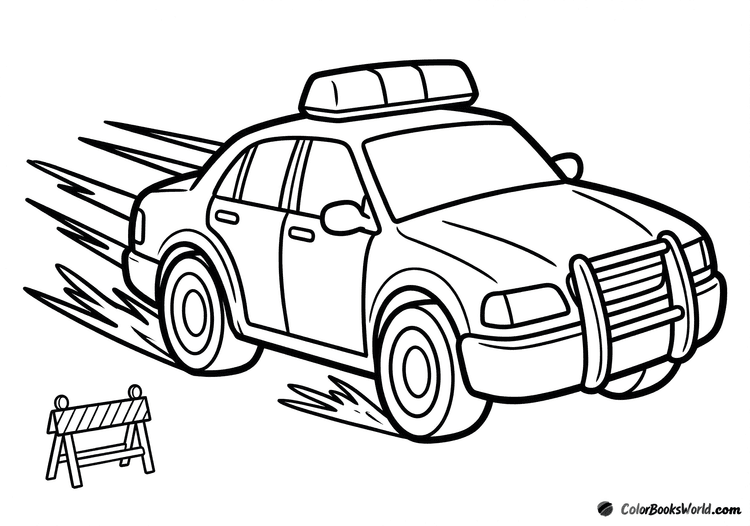 Cartoon police car speeding with motion lines, a road barrier, and skid marks.