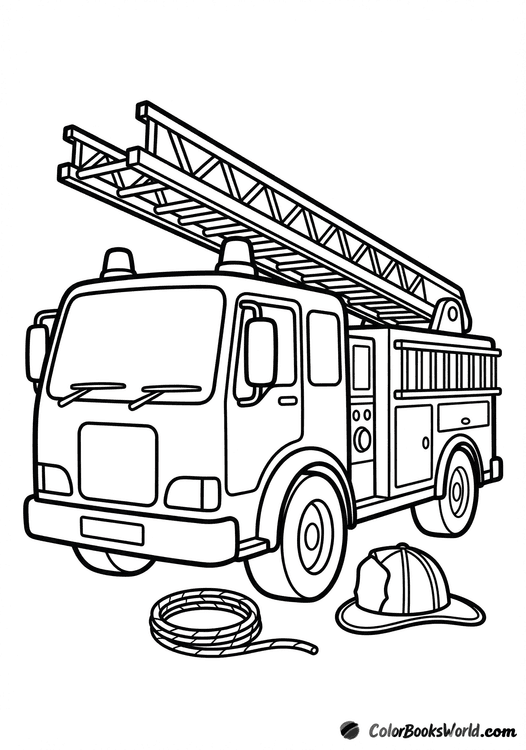 A ladder fire truck with its ladder raised, a coiled rescue rope, and a firefighter helmet beside it.