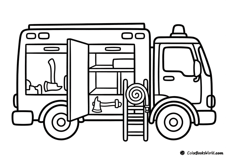 Side view of a fire truck with an open equipment compartment, a rolled ladder, and a fire axe beside it.
