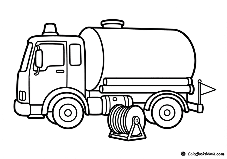 Water tender fire truck with a rounded tank, side hose reel, and a small pennant flag.