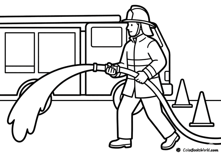 Firefighter in full gear aiming a fire hose with a strong water stream near a fire truck.