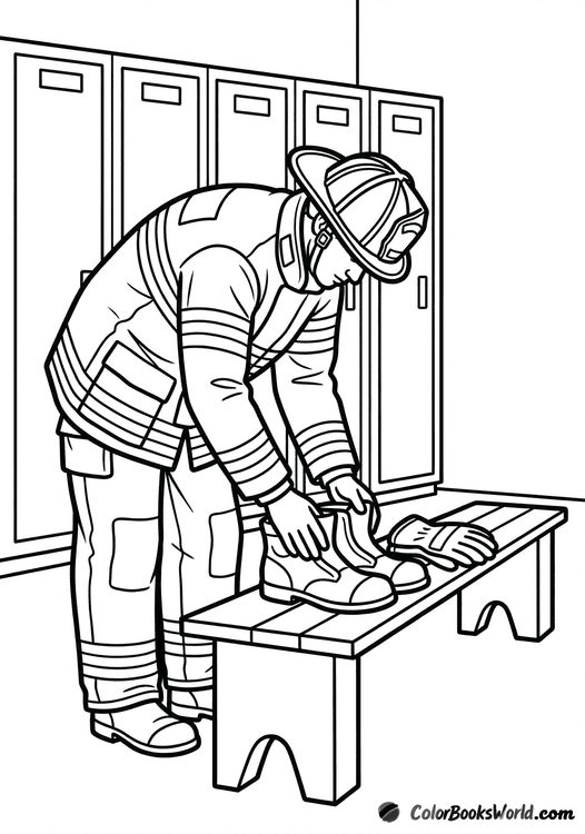 A firefighter bends down to check boots and gloves beside lockers in the station.