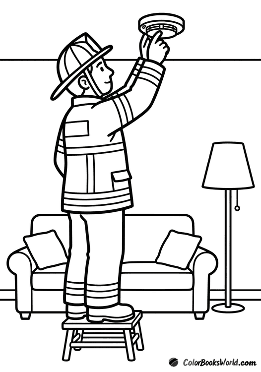 A firefighter stands on a step stool and tests a smoke detector on the ceiling.