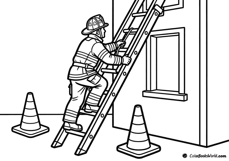 A firefighter in full gear climbs a ladder against a training tower wall with safety cones below.