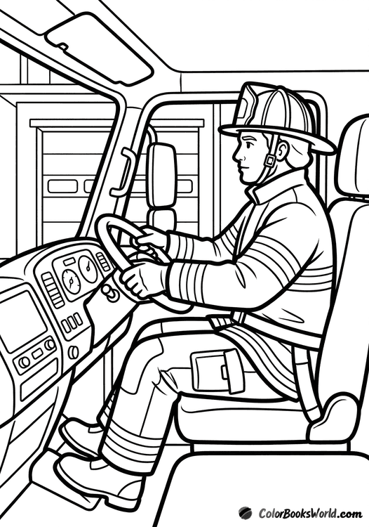 A firefighter in full gear sits in the driver’s seat of a fire truck cab with the dashboard visible.