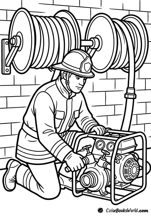 A firefighter kneels and operates a large water pump inside a fire station, near hose reels.