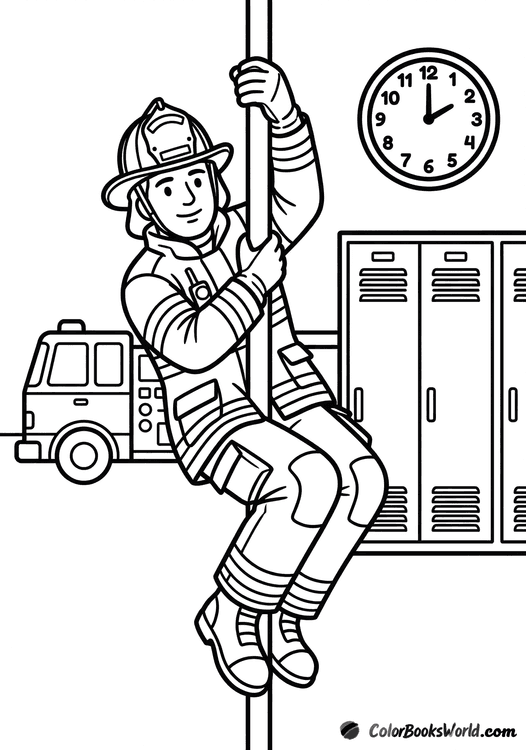 A firefighter in full gear slides down a fire pole inside a fire station, with a fire truck nearby.