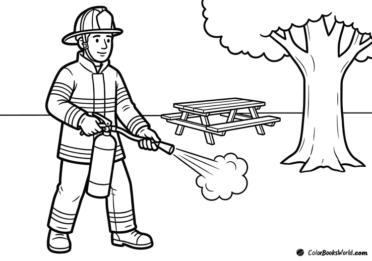 A firefighter demonstrates using a fire extinguisher outdoors near a picnic table and a tree.