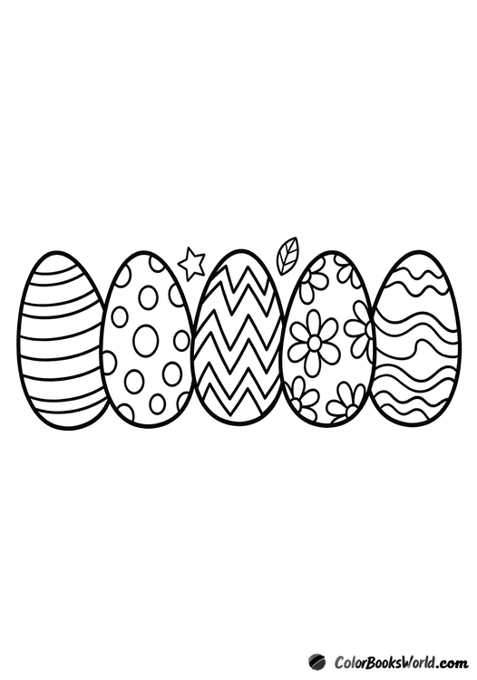 Five large Easter eggs in a row, each with a different simple pattern, plus a small star and leaf.