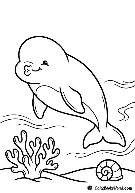 A beluga whale glides above a stylized coral reef with a shell on the seabed.