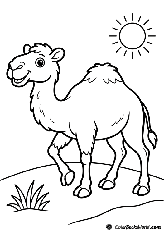 A smiling one-humped camel walking on a sandy desert dune under the sun.