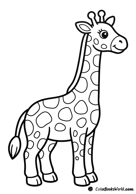 A friendly giraffe standing in side view, with a long neck and large rounded spots.