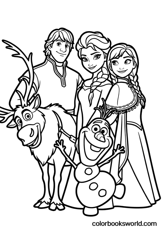Elsa and Anna stand together with Kristoff behind them, Sven beside them, and Olaf smiling in front.