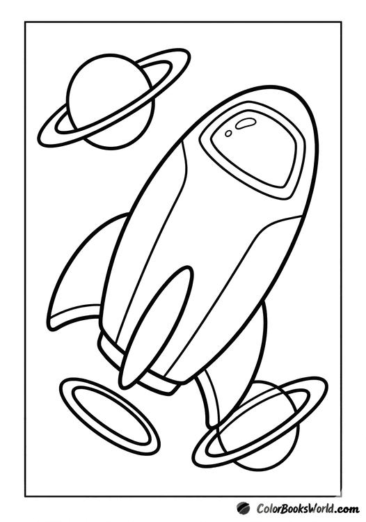 A sleek cartoon rocket flying through space beside two thin orbital rings.