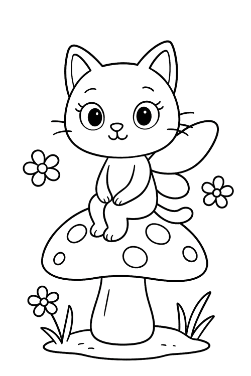 A small winged cat sits on a spotted mushroom, surrounded by small flowers.