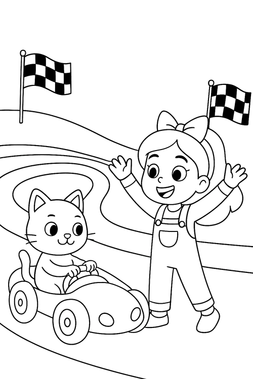 Gabby cheers as her cat drives a small go-kart on a winding track with checkered flags.