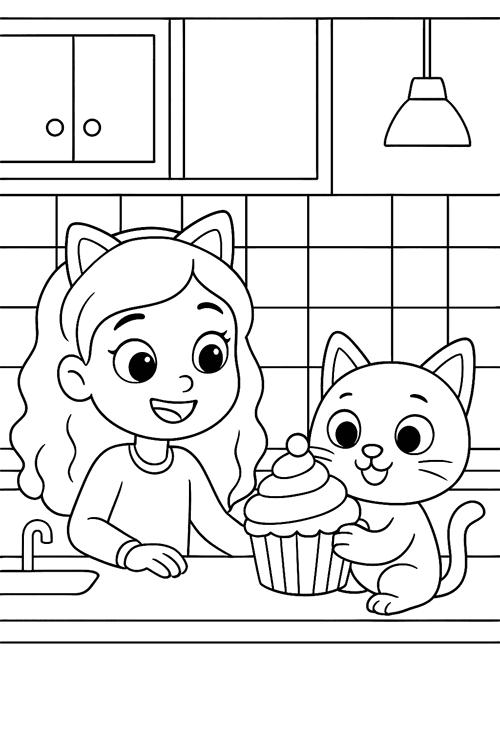 Gabby smiles as her cat holds a big cupcake on the kitchen counter.
