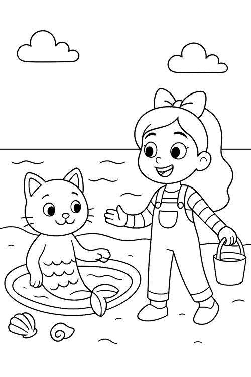 Gabby smiles at the shore as a mermaid-tailed cat sits in a small pool beside seashells on the sand.