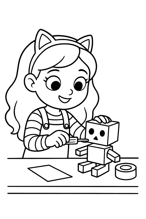 Gabby uses a screwdriver to fix a small wooden toy robot at a craft table.