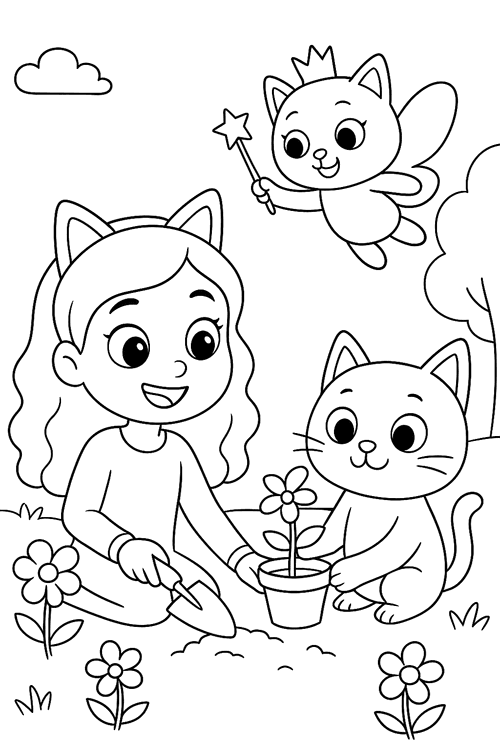 Gabby and her cat plant a potted flower in a garden as a fairy cat hovers above.