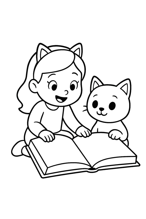 Gabby reads a large open book while her cat sits beside her, listening attentively.